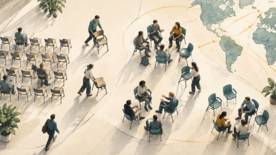 Rearranging the room: an illustration of the unfinished transformation of management education. Generated using Canva AI.