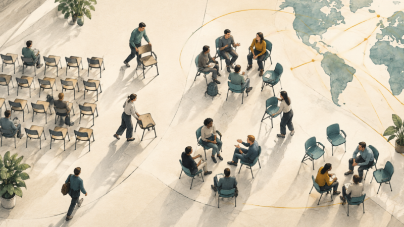 Rearranging the room: an illustration of the unfinished transformation of management education. Generated using Canva AI.